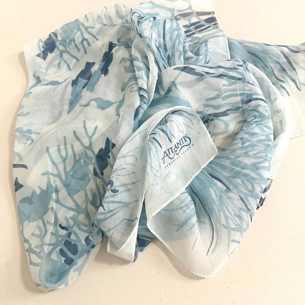 100% Silk Scarf Blue Tropical Print Made in Italy Atlantis Paradise Island 60x17